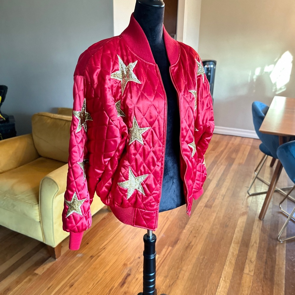 Red Quilted Jacket with Gold Star Accents